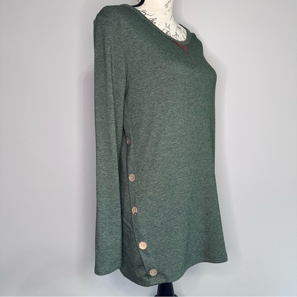 Green Long Sleeve Pull Over Tunic w/ Button Accents & Elbow Patches | Size L - Picture 4 of 12
